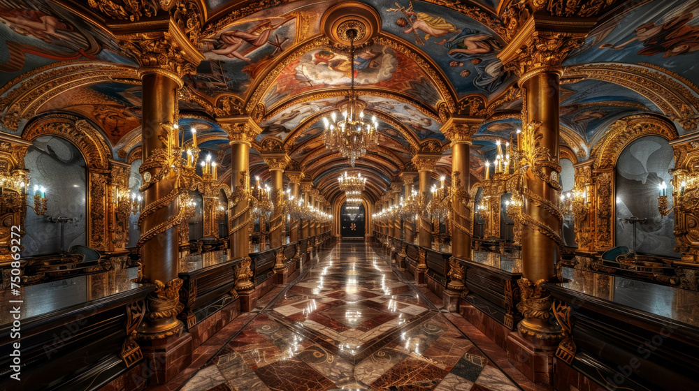 Dream-like, unreal interior of a restaurant in palace setting