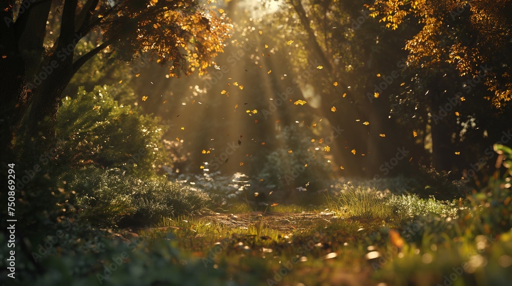A hidden glade in the woods, illuminated by dappled sunlight filtering through the changing leaves, creating a magical atmosphere. - obrazy, fototapety, plakaty 