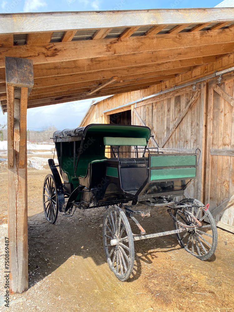 Obraz premium Old carriage in the village. Antique carriole in a stable. Vintage black and green western cart with large wooden wheels. Old horse-drawn carriage in a barn.