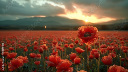 a field full of red flowers with the sun setting in the distance in the distance is a field full of red flowers with the sun setting in the distance in the distance. photo