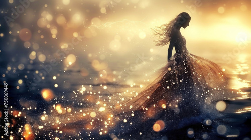 Goddess of fairy in magical dress walks on water, magical sea scene