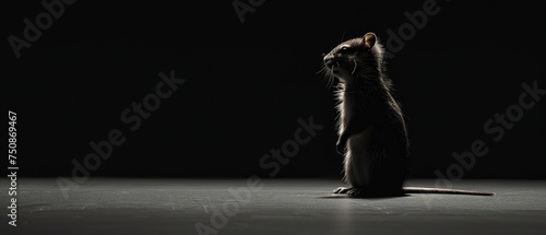 a black and white photo of a rat sitting on the floor looking up at something in the air with its mouth open. photo
