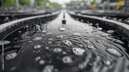 a black and white photo of raindrops on a train track with a blurry image of trees in the background.