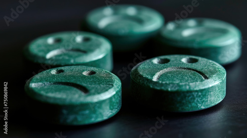 Dark green pills with sad smiley on black background, close-up