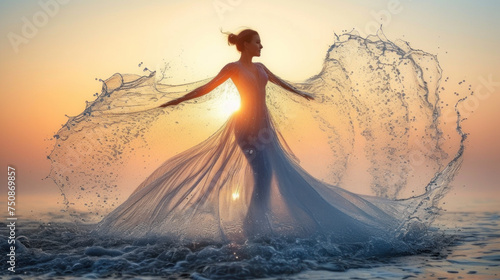 Goddess of fairy in magical dress walks on water, magical sea scene