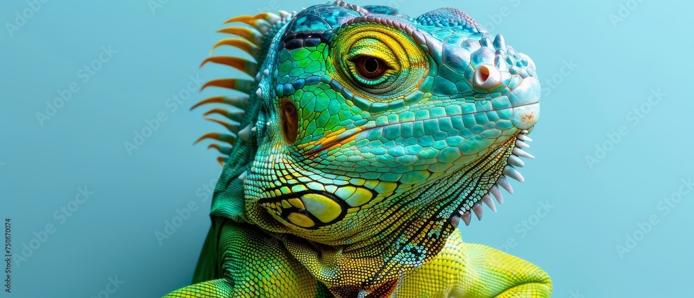 a close up of a lizard's head on a blue background with a green and yellow lizard's head.