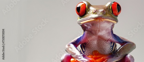 a close up of a frog with red eyes and a body with an orange ball in it's mouth.