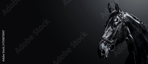 a black horse with a bridle on it's head is photographed against a black background with only the head of the horse visible bridle.