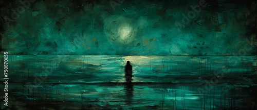 a painting of a person standing in the middle of a body of water with a full moon in the background. photo
