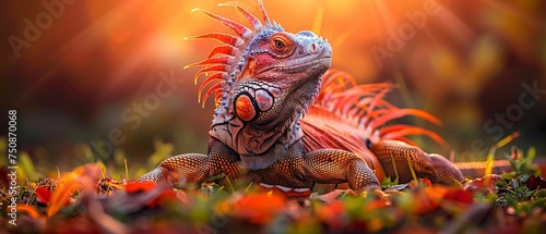 a close up of an iguana in a field of grass with the sun shining through the leaves behind it.