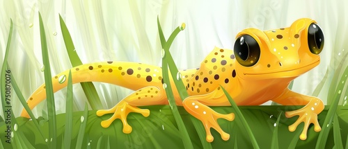 a yellow frog sitting on top of a lush green grass covered field in front of tall green blades of grass.