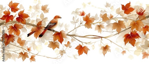 a bird sitting on a branch of a tree with red and yellow leaves on it's branches and a white background. photo