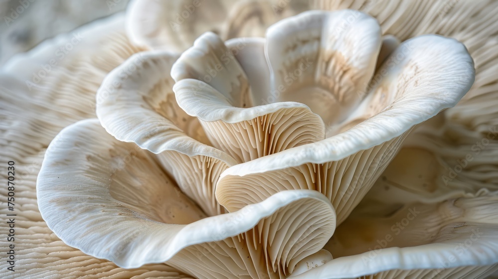 a close up of a bunch of mushrooms on a white surface with a blurry image of the top part of the mushroom. a close up of a bunch of mushrooms on a white surface with a blurry image of the top part of the mushroom.