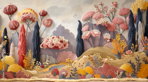 a painting of a landscape with trees, flowers, and clouds in pastel pinks, yellows, and oranges. photo