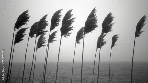 a black and white photo of a row of sea oats in front of the ocean on a foggy day. photo