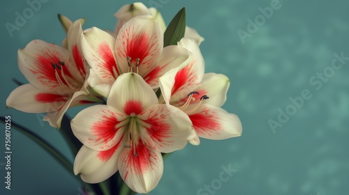 a bouquet of white and red flowers with green leaves on a blue background with a blue wall in the background.