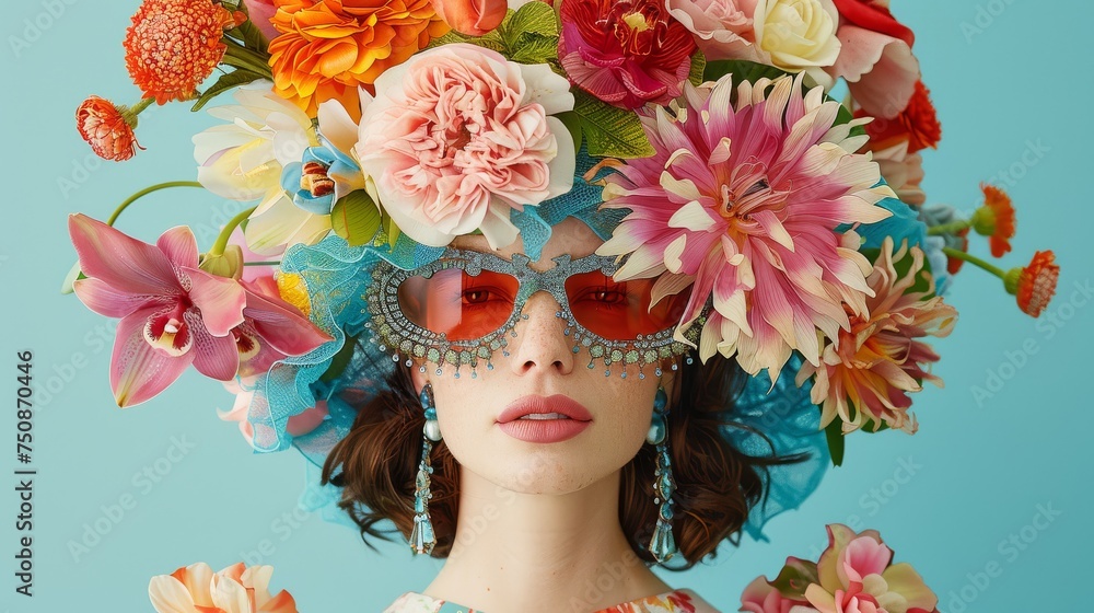 a close up of a woman with flowers on her head and a pair of sunglasses in front of her face.