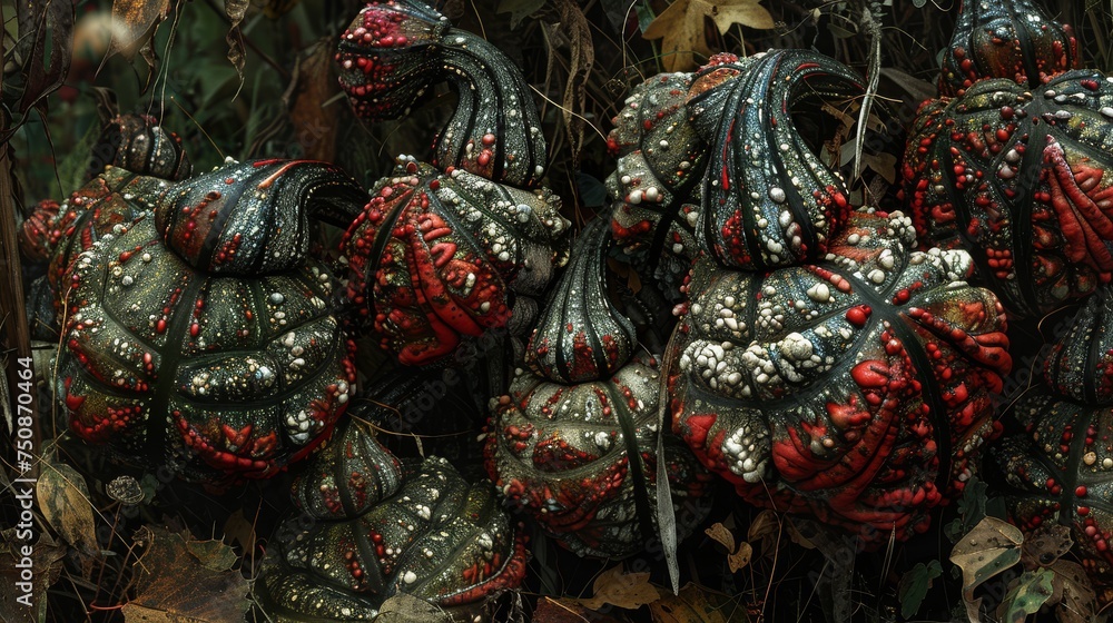 a close up of a bunch of strange looking plants on the ground in a forest with lots of leaves on the ground.