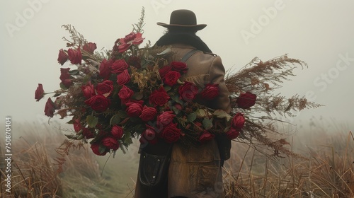 a scarecrow with a bouquet of red roses on his head and a hat on his head is standing in a field. photo