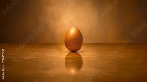 a brown egg sitting on top of a wooden table next to a yellow and brown wall with a reflection on the floor.