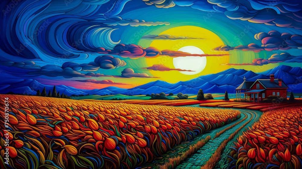 A vibrantly coloured illustration showing a distant farmhouse with crops ready for harvest at sunset. 