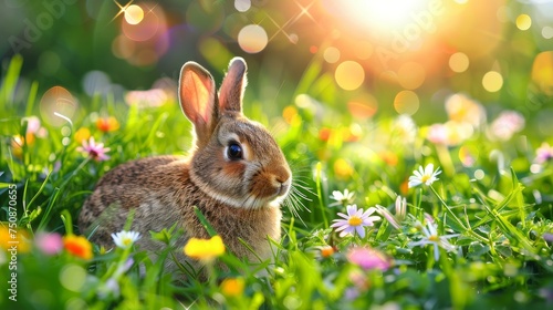 a rabbit is sitting in the grass with daisies and daisies in the foreground and the sun in the background.