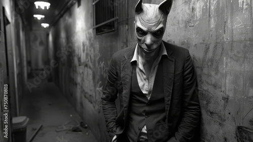 a man wearing a cat mask standing next to a wall in a narrow alleyway in a black and white photo. photo