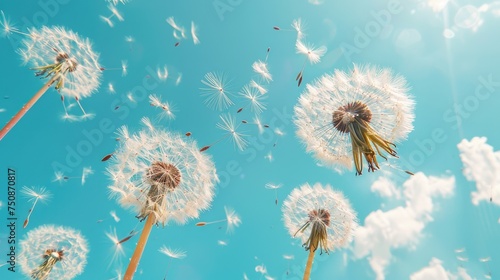 dynamic shot of dandelion seeds blowing in the wind against a vivid blue sky, conveying a sense of freedom and the whimsical beauty of nature.