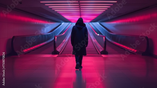 a person in a hooded jacket is standing in a hallway with a red light at the end of the tunnel. photo