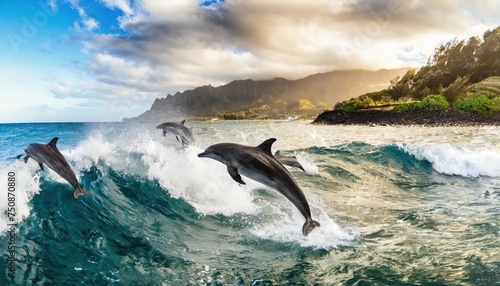  Playful dolphins jumping over breaking waves. Hawaii Pacific Ocean wildlife scenery. Marine