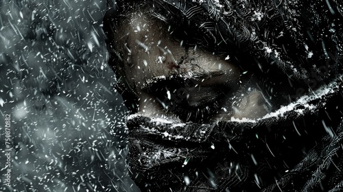 a man standing in the snow with his face covered by a hooded jacket and holding his hands to his face. photo