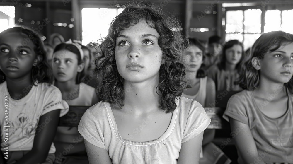 a black and white photo of a girl in front of a group of other girls in front of a window.