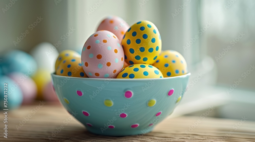a bowl filled with colorfully painted eggs on top of a wooden table next to other colorfully decorated eggs. a bowl filled with colorfully painted eggs on top of a wooden table next to other colorfully decorated eggs.