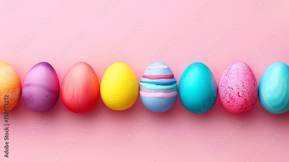 a row of different colored easter eggs on a pink and pink background with copy - space in the middle of the row. a row of different colored easter eggs on a pink and pink background with copy - space in the middle of the row.