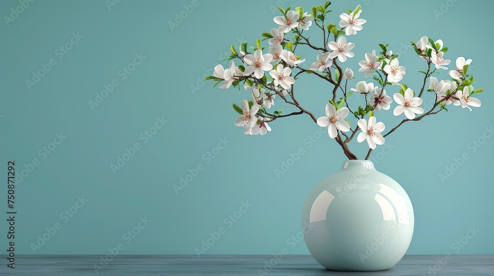 a white vase filled with white flowers on top of a wooden table in front of a teal blue wall. a white vase filled with white flowers on top of a wooden table in front of a teal blue wall.