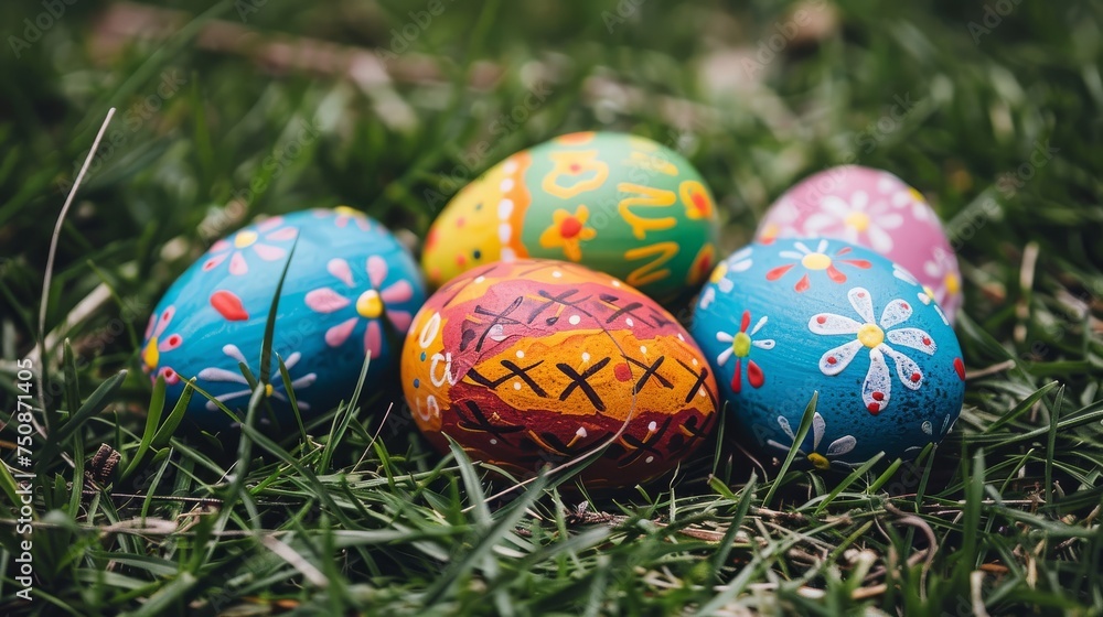 a group of painted easter eggs sitting on top of a lush green grass covered grass covered in lots of different colored eggs. a group of painted easter eggs sitting on top of a lush green grass covered grass covered in lots of different colored eggs.