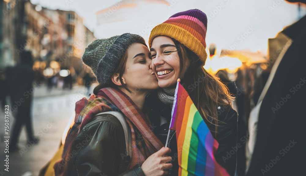 two lesbian women on the street, lgbt gay flag. Created with AI.