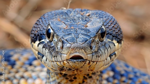 a close up of a snake's head with a blurry background of grass and bushes in the background. photo