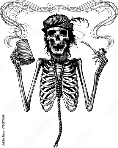 Black and white vector picture of smoking and drinking funny skeleton