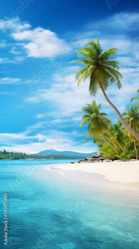 Tropical beach. Exotic landscape with white sand and palm trees on sea coastline © CREATIVE STOCK
