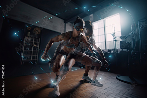 woman doing sports at home with metaverse virtual reality. Created with AI.