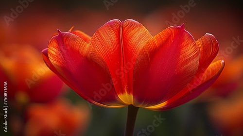 a close up of a red and yellow tulip in a field of orange and yellow tulips in the background.