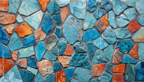 A painting featuring blue, orange, and white rocks depicted in a vibrant and textured style, showcasing their unique shapes and colors against a neutral background.