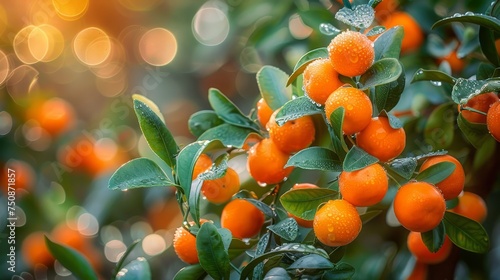 a tree filled with lots of oranges on top of a lush green leaf covered tree filled with lots of oranges. photo