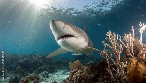 shark underwater on reef close coming to you selective focus 