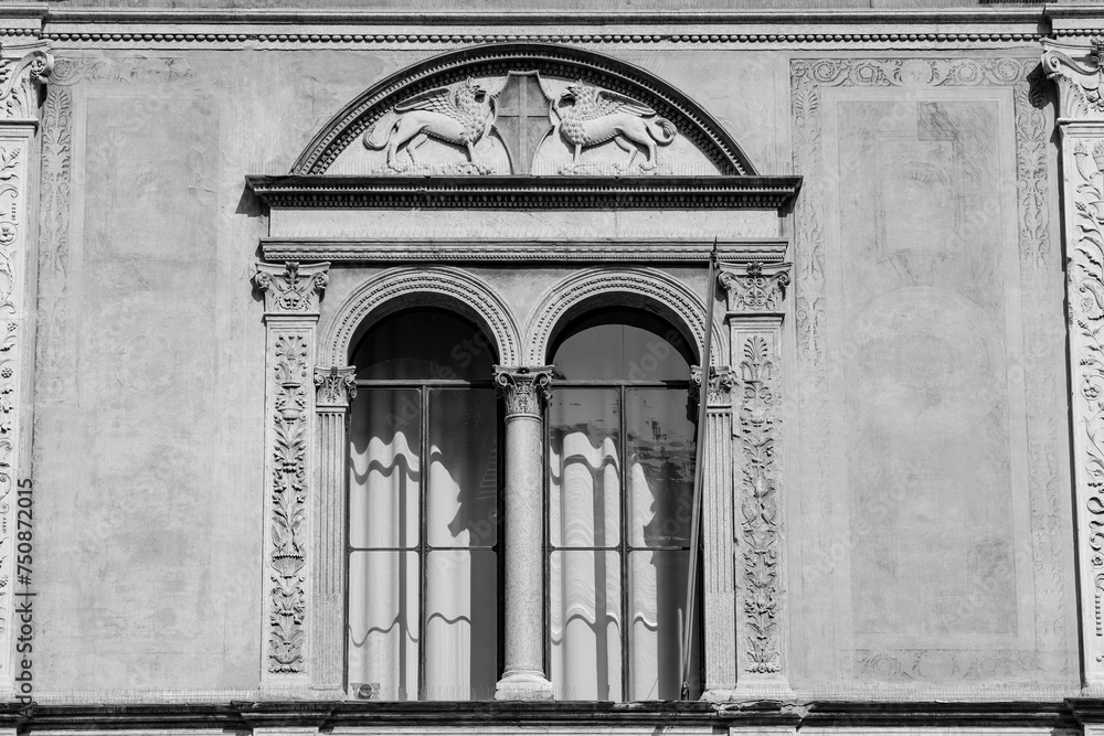 black and white picture of the facade of the loggia del consiglio building in Verona