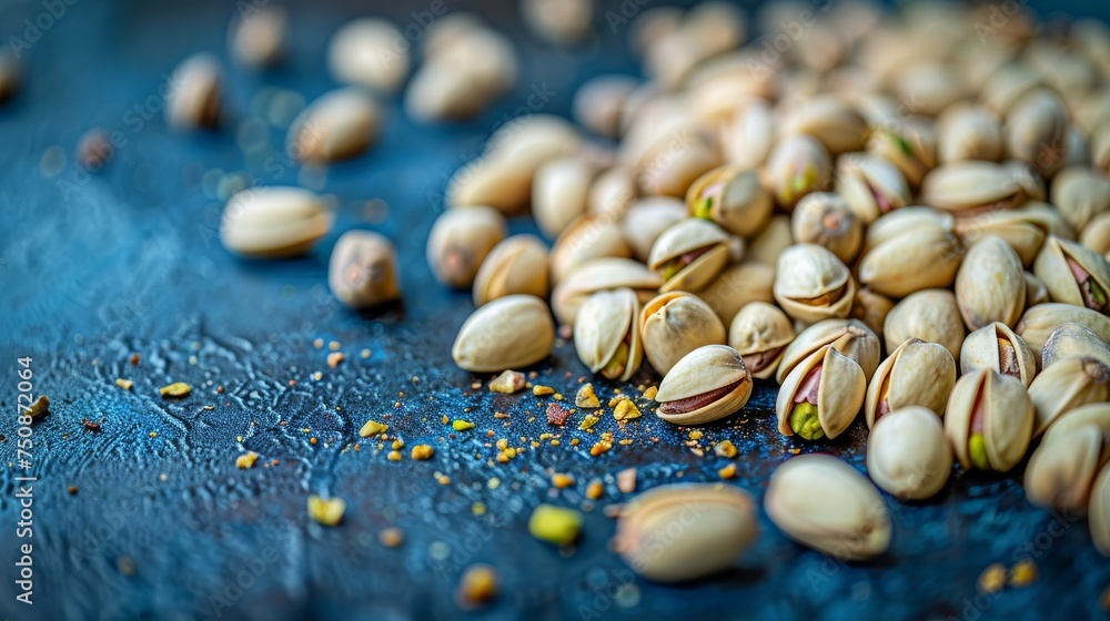 a pile of pistachio nuts sitting on top of a blue table next to another pile of pistachio nuts. a pile of pistachio nuts sitting on top of a blue table next to another pile of pistachio nuts.