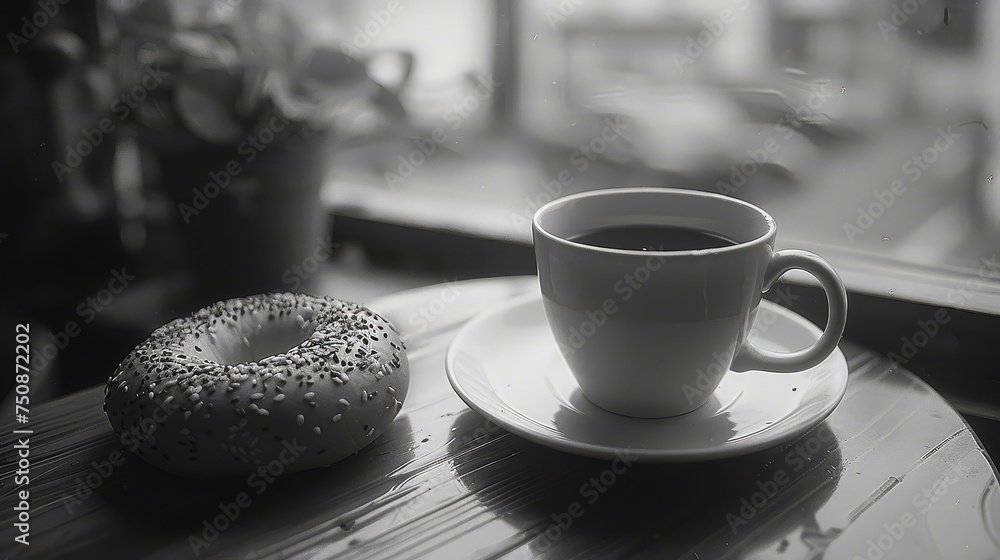 a cup of coffee next to a donut on a saucer on a wooden table in front of a window. a cup of coffee next to a donut on a saucer on a wooden table in front of a window.