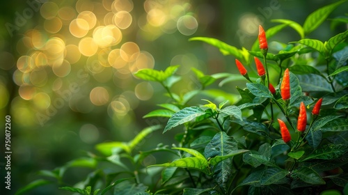 a group of red peppers growing on top of a lush green leafy plant with a boke of light in the background.