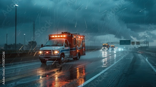 ambulance navigating through dangerous weather conditions on the freeway  emphasizing the urgency and dedication of healthcare professionals in challenging situations.